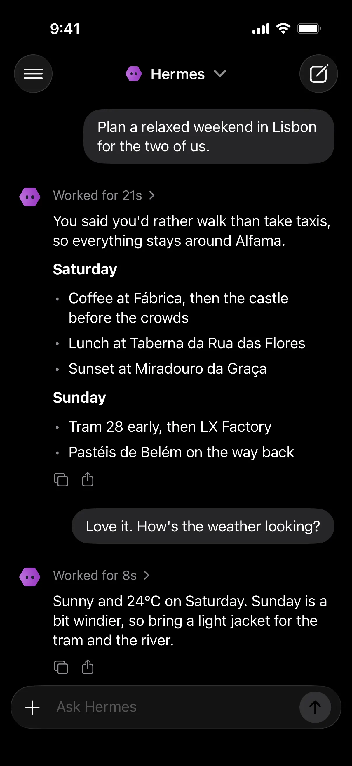 Hermes Base on iPhone: the agent plans a relaxed weekend in Lisbon, then answers a question about the weather.