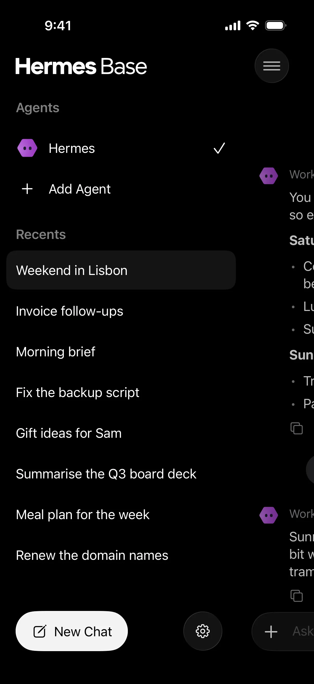 The sidebar: your agents and recent chats, with the open chat pushed aside.